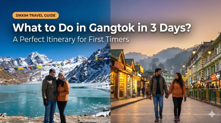 Indian tourists exploring Gangtok in 3 days with views of Tsomgo Lake, MG Road, and snow-capped Himalayan peaks in Sikkim