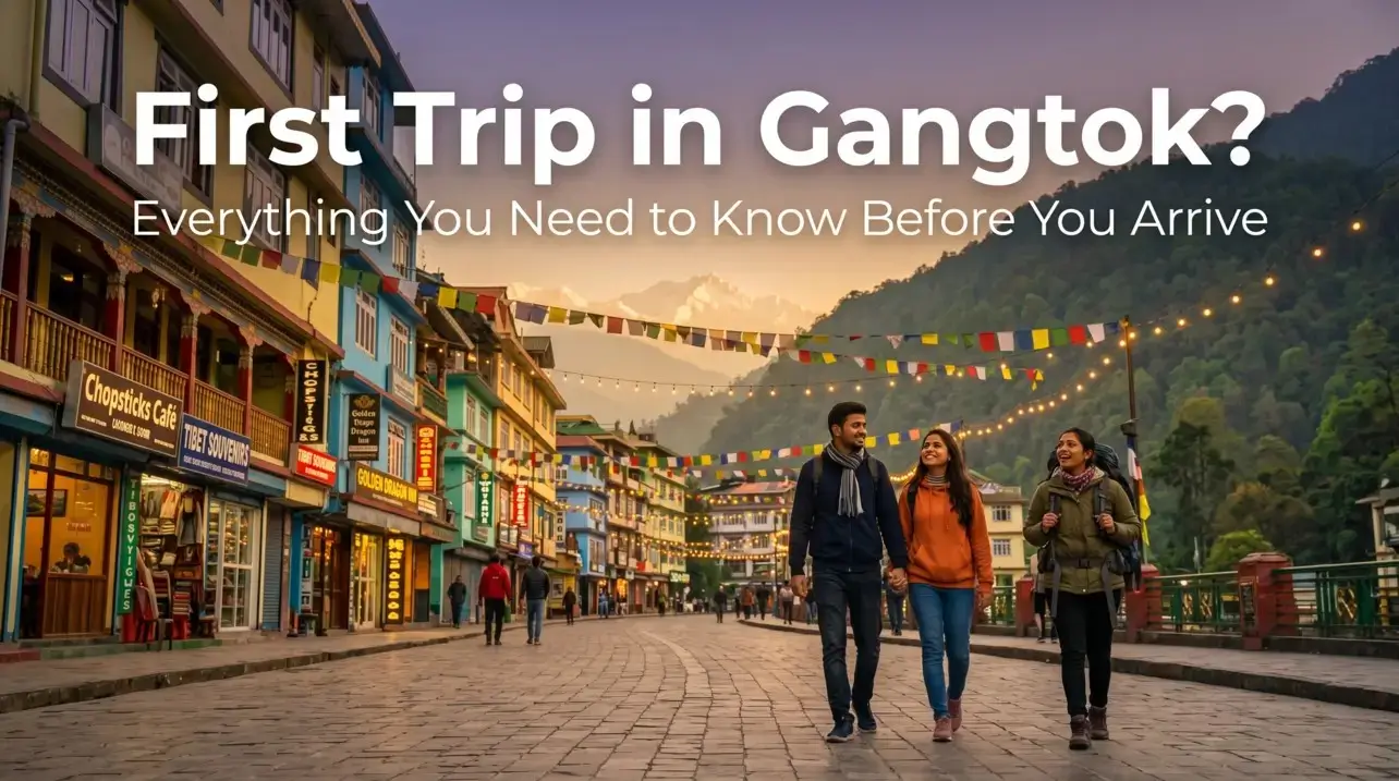 Indian couple and friends exploring MG Road Gangtok at dusk, near hotels in Gangtok near MG Road with prayer flags and Himalayan hills in the background