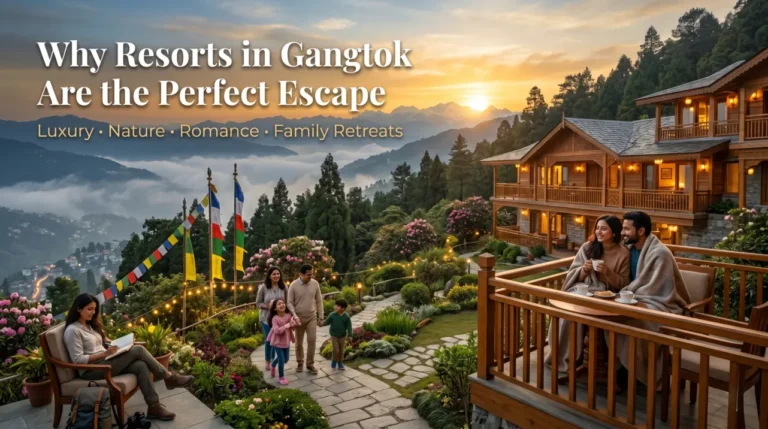 Luxury mountain resort in Gangtok with Himalayan valley views, family travellers, honeymoon couple, and solo traveller enjoying a peaceful stay in Sikkim.
