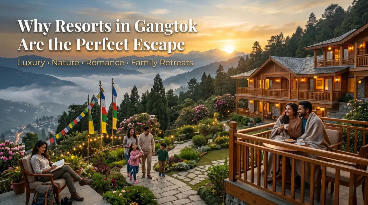 Luxury mountain resort in Gangtok with Himalayan valley views, family travellers, honeymoon couple, and solo traveller enjoying a peaceful stay in Sikkim.