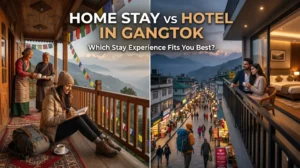 Comparison of a traditional homestay and modern hotel in Gangtok, Sikkim featuring mountain views, MG Marg city life, and different travel experiences.