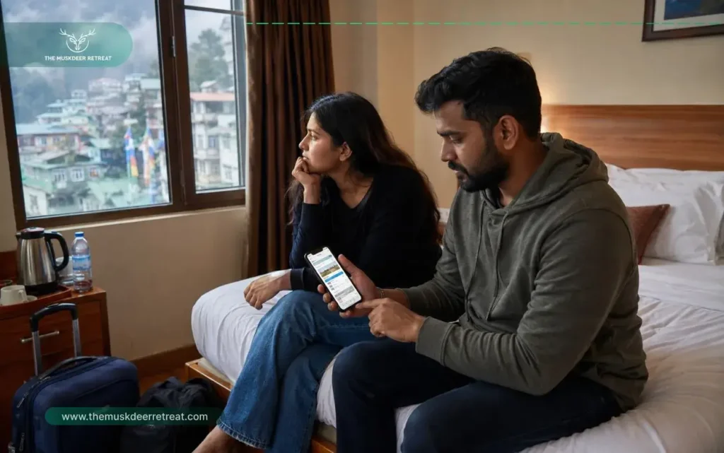 Gangtok hotel booking mistakes feature image showing Indian travelers arriving on a hillside road in Sikkim.