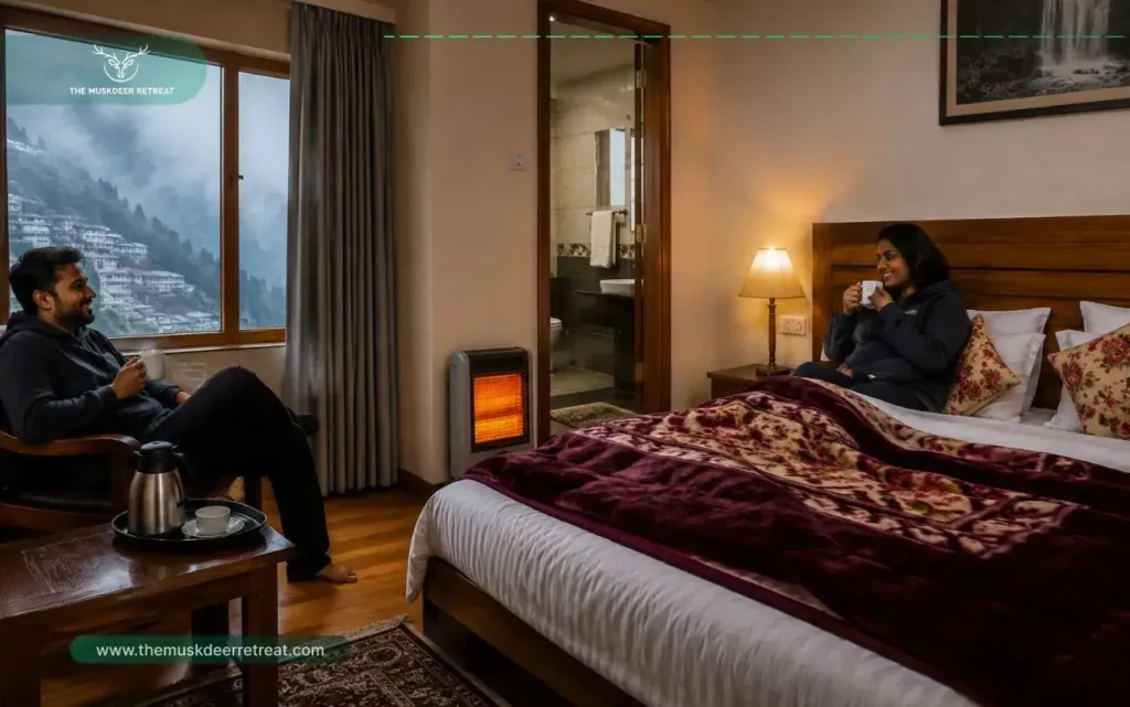Cheap hotels in Gangtok comfort scene showing a clean cozy room with blankets and heating.