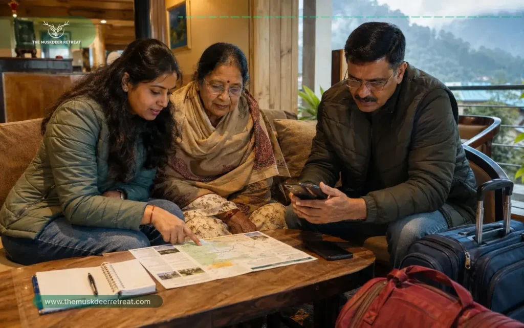 Gangtok hotels itinerary planning scene showing a family matching the hotel to their sightseeing plan.