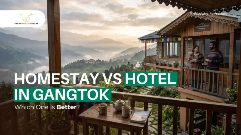 A scenic Gangtok hillside stay with a wooden balcony, steaming tea, and a homestay-style room overlooking misty mountains, illustrating the choice between a hotel and homestay in Gangtok.
