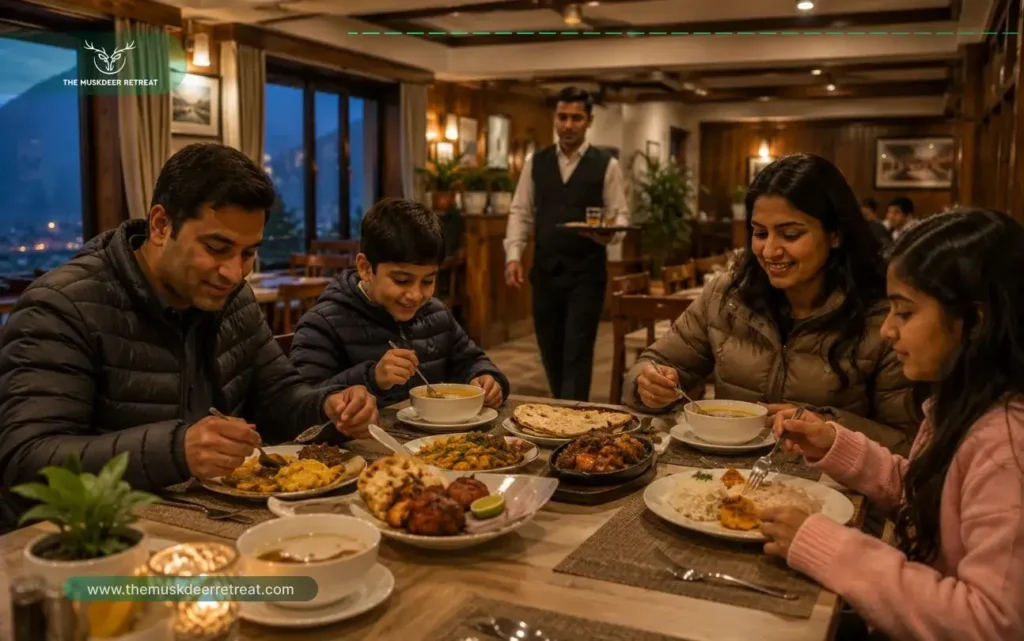 Hotels in Gangtok food support scene showing guests dining in an in-house restaurant.