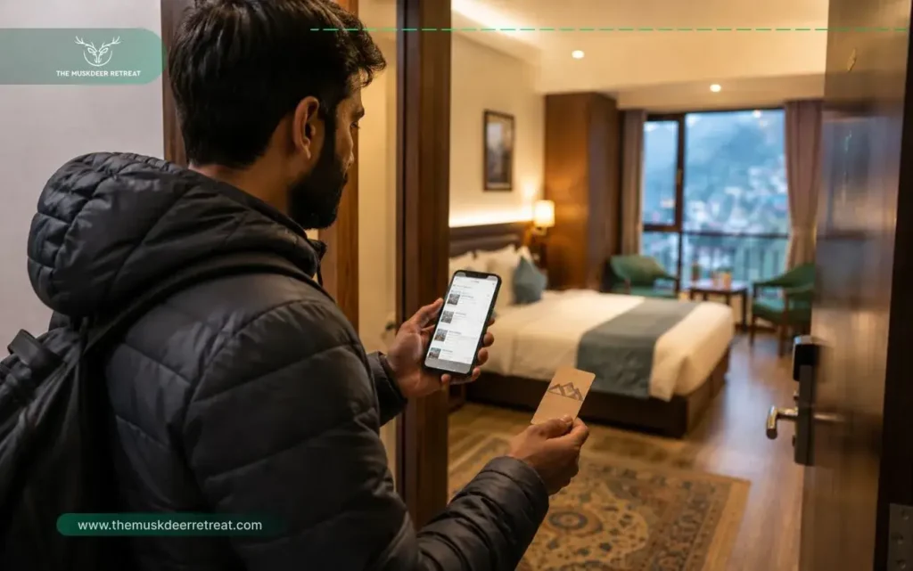 Hotels in Gangtok reviews check scene with a traveler comparing recent guest feedback.