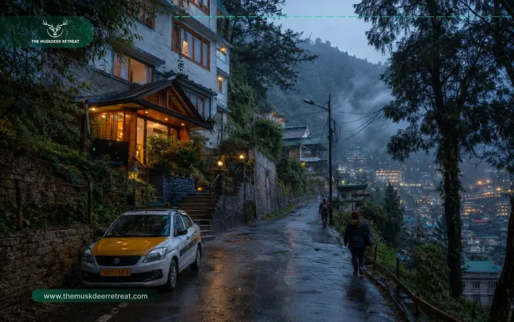 Hotels in Gangtok Sikkim location scene showing a quiet Lower Sichey hillside road near a taxi.